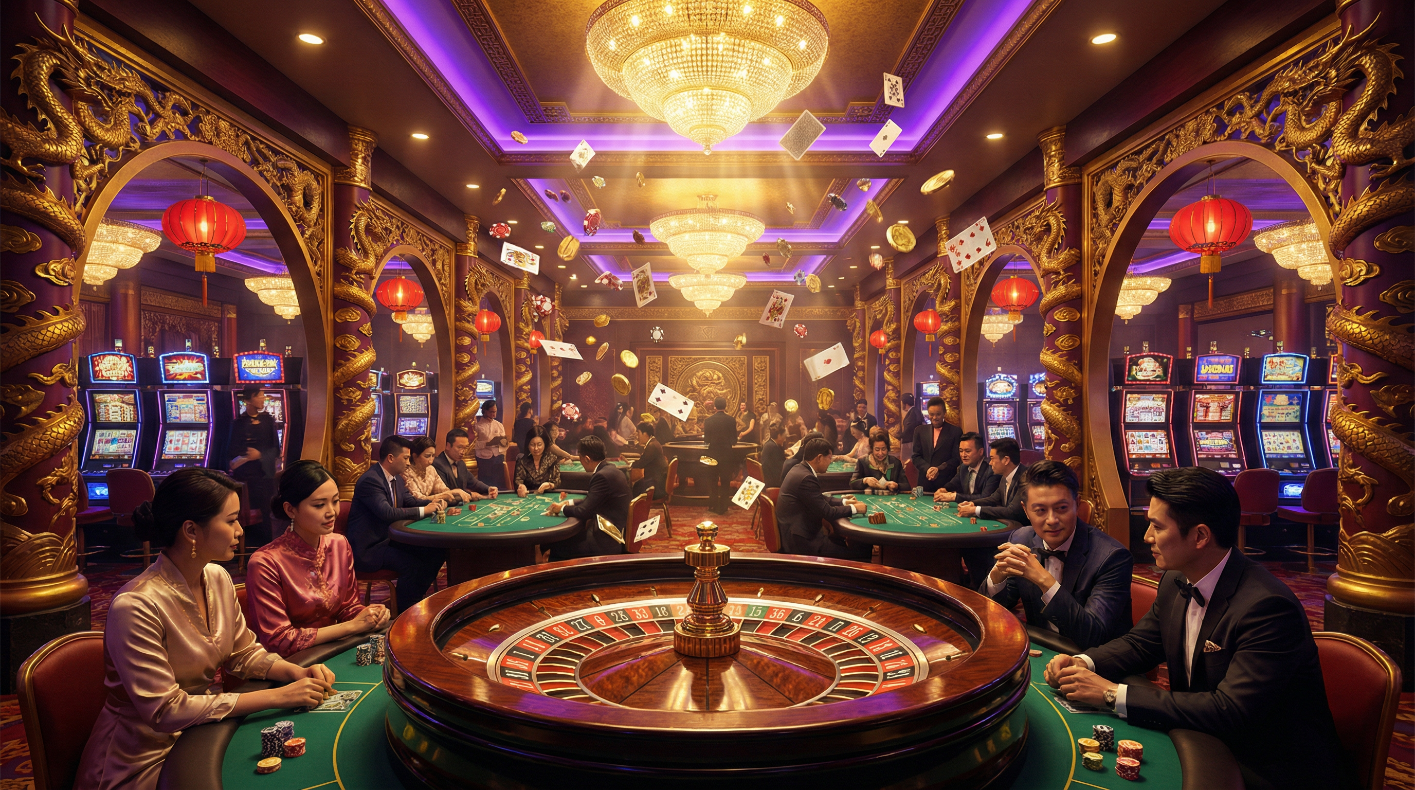 南宫娱乐豪华博彩大厅展示,包含轮盘、扑克桌和老虎机